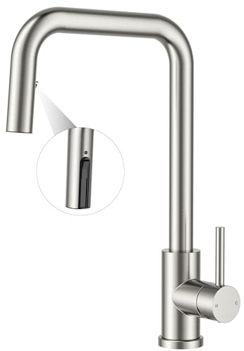 FORIOUS Grifo cocina, Grifo monomando cocina con rociador extraíble, Grifo de cocina fregadero giratorio 360°, monomando agua caliente y fría, Acero Inoxidable