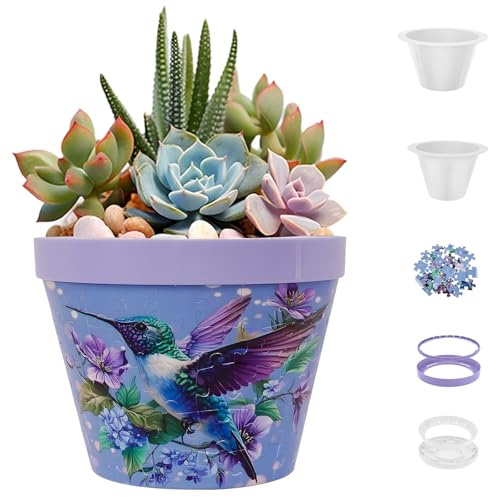 3 D Puzzle Planter,DIY Flower Pot for Cactus & Succulents,15.7x12.8x10.59cm Home Decor Flower Pots with Drainage,Creative Crafts Art Jigsaw Vase for Adults Women and Men Gifts Home Decor(Purple)