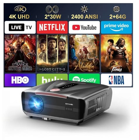 2026 New 4K Ultra Projector Daylight [2400 ANSI Lumens/Dolby 70W Deep Bass/Auto Lens Cap], HDR10+ Outdoor Movie Night Projector AI-ToF Autofocus, Bluetooth WiFi, HDMI Home Theater