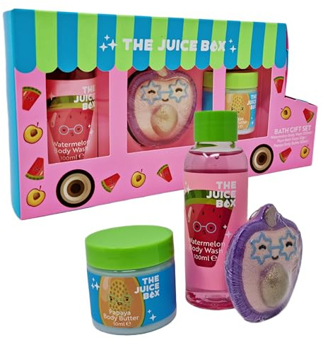 The Juice Box Bade-Geschenkset, Wassermelonen-Duschgel, 100 ml, Papaya Body Butter 50 ml, Badekugel