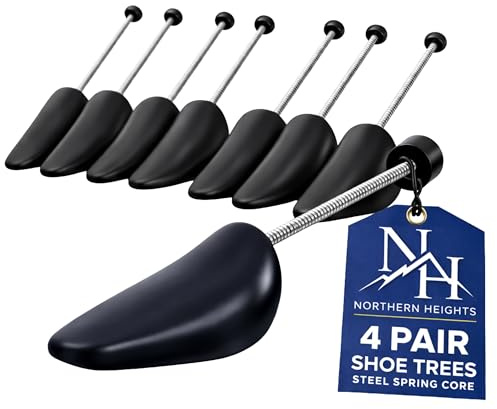 Northern Heights Adjustable Shoe Trees – 4 Pairs (8 Pieces) Black Plastic Shoe Shapers with Steel Spring Coil – Ideal for Men’s Shoes, Trainers & Standard Width Footwear