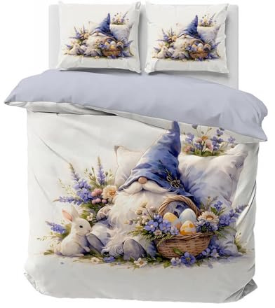 Pâques Housse de Couette 240 x 260 Chapeau, 2 Taies d’oreiller 65x65 - Parure de Lit Réversible Lapin Œufs Fleurs Sauvages, Linge de Lit 2 Personnes en Microfibre avec Fermeture Éclair, QW-796