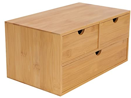 Aufbewahrungsbox Bambus Schreibtisch Organizer mit 3 Schubladen Mini Kommode Rohholzfarbe Schreibtischorganizer für Schublade & Tisch, Büro Haushalt