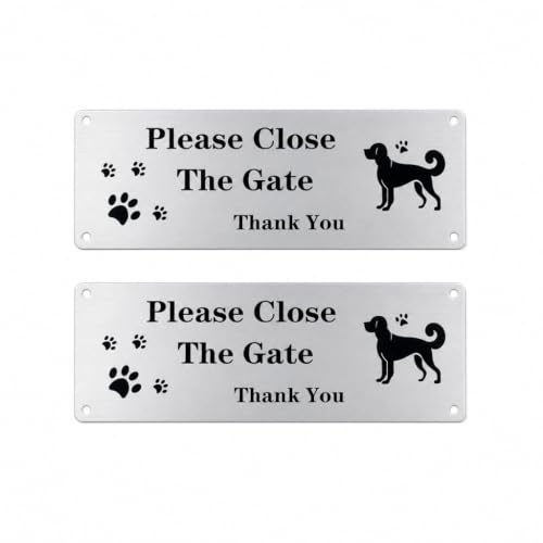 2 Pack Please Close The Gate Sign, 25x9cm Reflective Aluminum Warning Sign with Pre-Drilled Holes & Adhesive Backing, UV Resistant Waterproof Gate Signs for Outside Gate Wall