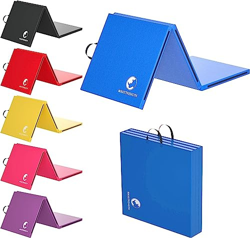 MAXSTRENGTH Gymnastics Tri Folding Exercise Mats 6ft Long – Non Slip - High Density 5cm Thick Foam - Soft PU Leather - Carry Handles - Gym Yoga Pilates Floor Workout Equipment (Blue)