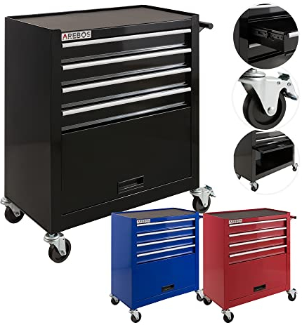Arebos Werkstattwagen 4 Fächer + großes Fach für Werkzeug Kratzfeste Oberfläche | inkl. Antirutschmatten | kugelgelagerte Schubladen Interlock-System | 2 Rollen mit Feststellbremse | Schwarz