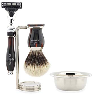 Horn Top Selection > Silver Tip Badger Wet Shaving Set – Fusion Shaver – Replaceable Cartridge: Pre-Assembled Fusion Cartridge + Brush & Double Stainless Steel Stand | Premium Horn Collection