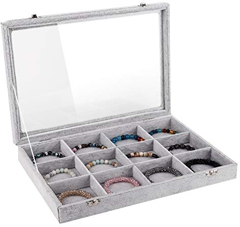 Emibele Scatola Portagioie Multiuso in Velluto con 12 Scomparti, Cassetta Portagioielli Espositore per Collane Anelli Bracciali Orologi Accessori per Capelli per Donna - Grigio