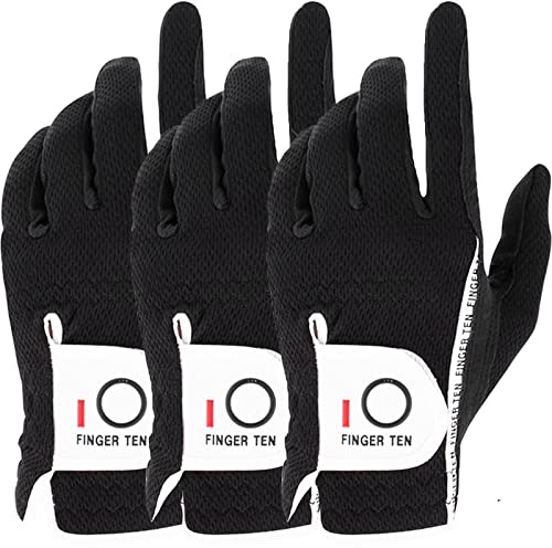 FINGER TEN Golfhandschuhe Herren Links Rechts Golfhandschuh Golf Handschuhe Wert 3 6 Stück, Linke Rechte Hand Griff rutschfest Handschuh für Männer Golfer (3 Stück Black XL, Links)