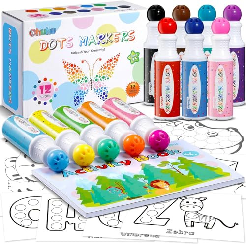 Ohuhu Bingo Dabbers, 12 Farben Auswaschbar Dot Marker für Kinder | 40 ml, Inklusive Eines Leeren 30-seitigen Aktivitätsbuchs für Vorschulkinder, Ungiftige Stempelmarker auf Wasserbasis