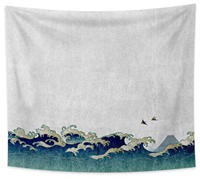 YONGFOTO 150x130cm Japanisch Ukiyo-E Tapisserie Große Welle Wandbehang Hügel Vögel Tapisserie für Veranda Wandbehänge Dekor Wohnzimmer Wohnheim Bettdecke Wandkunst