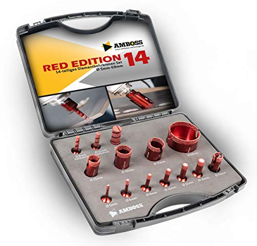 Amboss RED EDITION M14 SetRed Edition 14 Diamant Bohrkrone + Frässtifte für Winkelschleifer - Trockenbohrkrone, Lochsäge, Lochbohrer für Feinsteinzeug, harte Fliesen, Granit