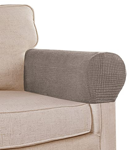 Stretch Sofa Arm Covers Spandex Jacquard Anti-Slip Couch Arm Covers with Sticker Furniture Armrest Protector for Sofa Couch Chair Recliner, Set of 2, Taupe