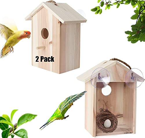 2-pack fågelholkar för att se fågelbo med starka sugkoppar, trä genomskinliga fågelholkar för fönster spion fågelholk för utomhusbruk, fågelbo, trädgård, transparent design