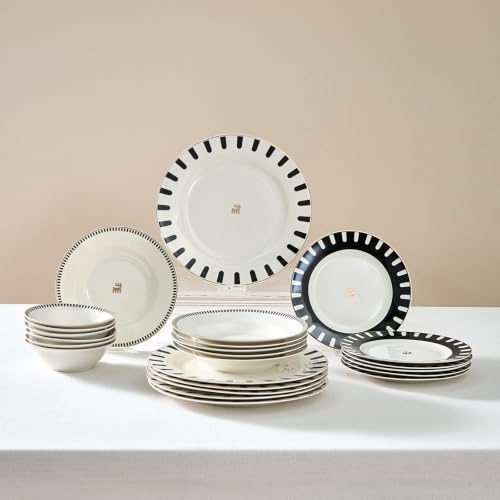 Karaca 50th Anniversary Signature Collection Korea 24-Piece Tableware for 6 People White Black, Premium Fine Bone China Plates Bowls Dinner Set, Luxury Modern Aesthetic Crockery, Hand Wash Only