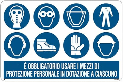 È obbligatorio usare i mezzi di protezione personale in dotazione a ciascuno (Rischio proiezioni) - CARTELLO SEGNALETICO ISO 7010 (PANNELLO IN FOREX 20X31 CM)