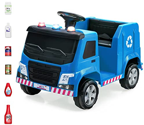 COSTWAY 12V Kinder Aufsitz Müllwagen mit Musik, Hupen und Licht, Elektroauto mit Vorwärts-/Stop-/Rückwärtsfunktion, inkl. Fernbedienung, bis zu 3 km/h, ab 3 Jahre alt (Blau)
