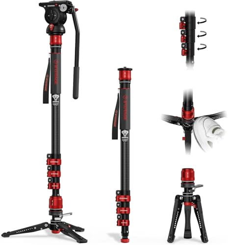IFOOTAGE Cobra 3 Monopod with Fluid Head C180F-P + K5S, Carbon Fiber Monopod with Feet for DSLR Cameras - Canon, Nikon, Sony, Olympus, Panasonic - Maximum Height 71 - Payload 17.64Lbs/8KG