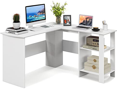 COSTWAY Escritorio Esquinero 130 x 130 x 74 cm, Escritorio en L Grande con 2 Estantes y 2 Orificios para Cables, Mesa en L Casa Oficina (Blanco)