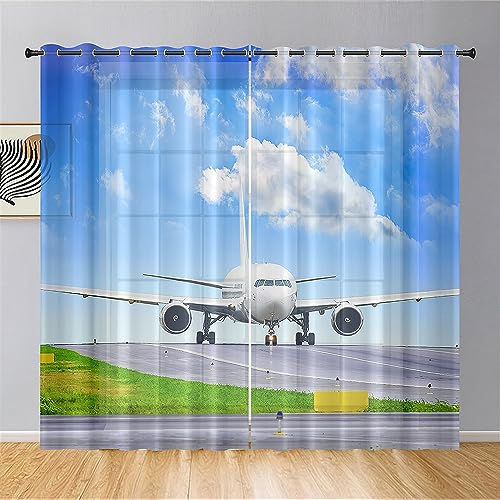 Hiseng Voile Vorhänge mit Ösen, Gardinen Halbtransparent 2er Set, Vorhang Gardinenschals Ösenschal Gardinen Wohnzimmer 3D-Flugzeugdruck Curtains mit Schlaufen (107x160cm,weißes Flugzeug)