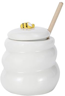 YORROR Ceramic Honey Dispenser Honey Jar with Dipper and Lid,10oz Honey Pot Container for Home Kitchen Honey Syrup Jam Jelly (White)