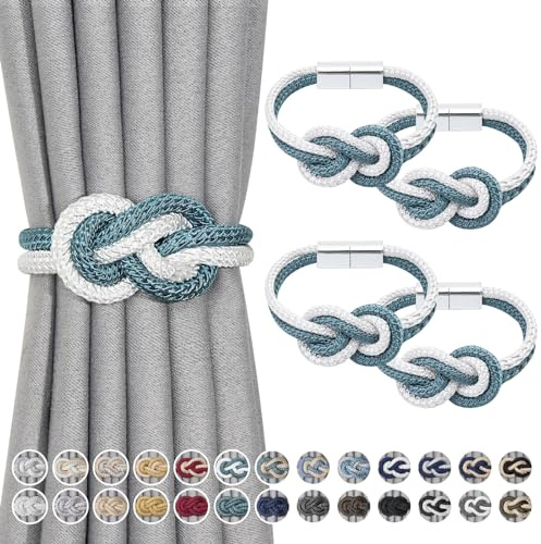 Pretty Jolly Mini magnetisk gardin gardinomtag nordisk enkel stil gardin gardin elegant dekorativ gardin draperi slips tillbaka för husfönster Drapery, turkos och vit, 4 stycken
