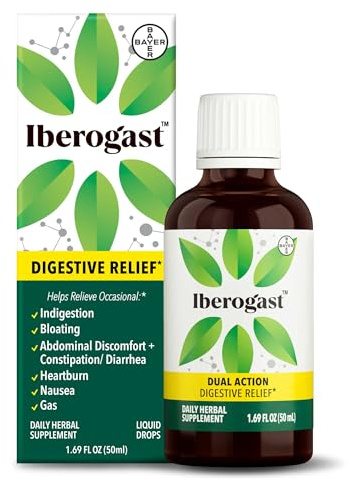 Iberogast Liquid Drops, Herbal Relief of Stomach Upsets: Occasional Indigestion, Bloating, Gas, Nausea, Upset Stomach; Gluten Free; 6-Herb Blend with Iberis Amara, Peppermint, Licorice; 50mL