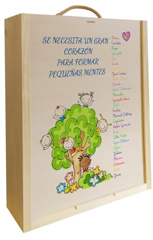 Caja de madera personalizada para regalar a profesoras, docentes, maestras de guardería con lista de alumnos. Capacidad para 3 botellas de vino o aceite.… (3 botellas)