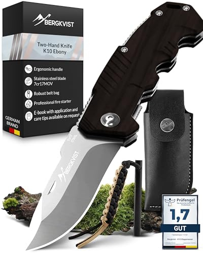 BERGKVIST® K10 Fällkniv (kniv med två händer) – Skarp kniv för utomhus, överlevnad eller jakt – med eldstål och bälteshylsa, ebenholtshandtag