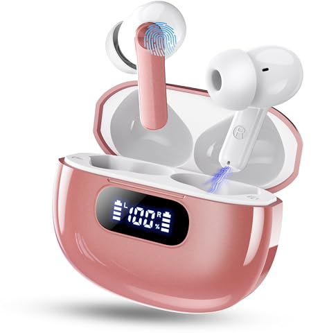 Ear buds Wireless Earbuds, Bluetooth 5.3 Headphones 2025 Wireless Earphones, 4 ENC Noise Cancelling Mic, HiFi Stereo, 48H Playtime Mini In Ear Bluetooth Earbuds LED Display IP7 Waterproof, Rose Gold