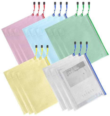 Dokumententasche A4, 15 Stück Dokumententasche mit Reißverschluss A4 Wasserdichte Document Case Mesh Plastic Zip Bag für Datei Papier Quittungen Kosmetika 5 Farben