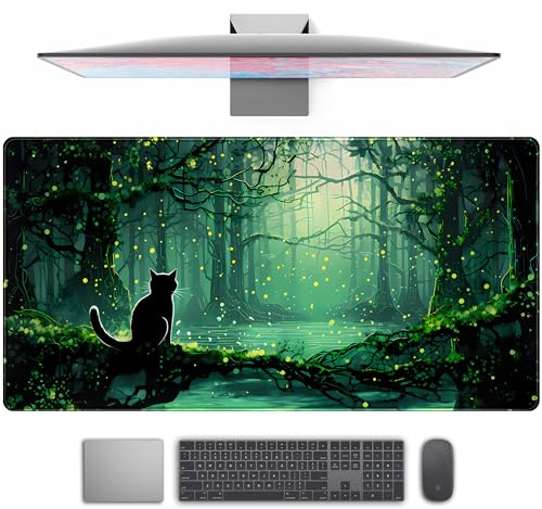 Schreibtischunterlage mit süßem Motiv Grüne Wald und Schwarze Katze, XXL Matte für Gaming Maus, Computer und Tastatur, Desktop Deko mit genähten Kanten, 80 x 40 cm