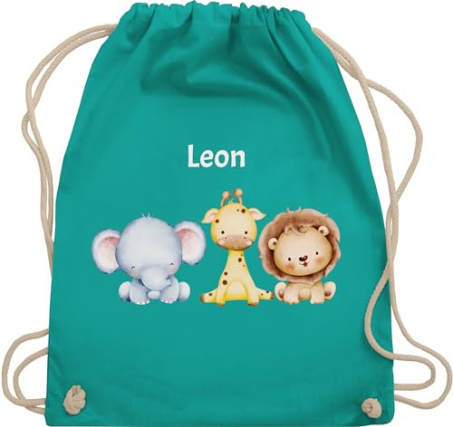 Turnbeutel Rucksack - Tiere - Safaritiere mit Name - Elefant Giraffe Löwe - Unisize - Türkis - schlafbeutel kindergarten kita baumwolle beutel personalisierte geschenke giraffen stoffbeutel