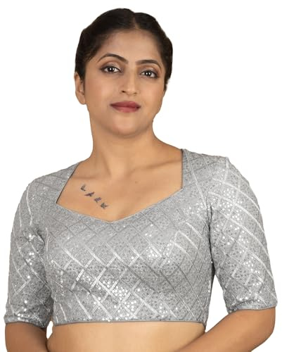 FIGURE'S DESIGNER Women's Sequin Embroidered Square V Neck Elbow Half Sleeve Readymade Saree Blouse Indian Ethnic Designer Stitched Padded Handmade Net Top Gold Silver Black Wine Rani Pink(40, Silver)