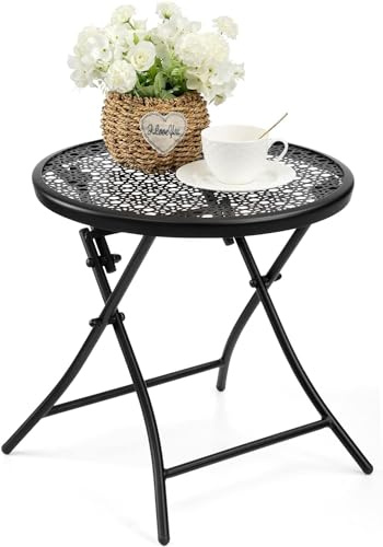 TeoKJ Balkon Tisch klein, wetterfester beistelltisch Outdoor, klapptisch klein für Terrasse, Hof, Balkon, Garten, durchlässiges Blumen-Ausschnitt-Design, Schwarz