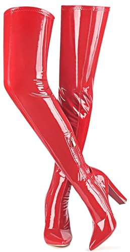 Wsheliu Women's Thigh High Boots Red Boots for Women Patent Leather PU Chunky Heel Womens Fall Boots Sexy Pointed Toe Dress Fashion Boots Size 7