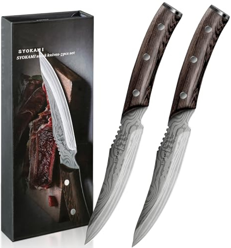 SYOKAMI Steakmesser Set 2 Teilig, 12,2cm Ugezahntes Steakmesser aus japanischem Edelstahl mit hohem Kohlenstoffgehalt und Holzgriff, Damastmuster, Full-Tang-Design, rasiermesserscharfe Tafel