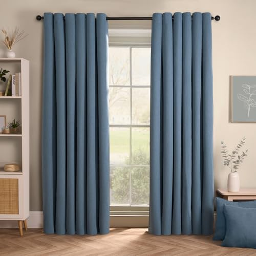 OHS Blackout Curtains Eyelet, Woven Texture Soft Curtains for Living Room Bedroom Office Modern Decorative Extra Wide Curtain for Winter, 90x90” - Blue