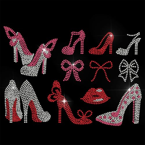 GOMAKERER 11 Stück Strasssteine Zum Aufbügeln, High Heels Rote Lippen Schleife Glitzernde Kristalle Reparatur Applikation Für Kleidung Wärmeübertragungspatch Für T Shirts Kleidung Hosen Taschen