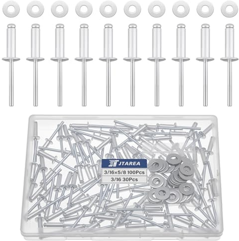 JTAREA 130 Stück 4,8 × 16 mm Aluminium Blindnieten mit Unterlegscheiben Nieten Popnieten Blindniete Großkopf Alu Kernnieten mit Rundem Kopf (Silber)