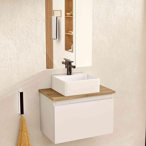 BELLOBATH Mueble Baño Suspendido 49,5cm Blanco/Roble Lavabo Cuadrado Espejo