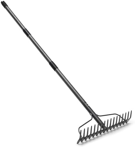 Harrms Rosettkrattor 123 cm, 17-färgad bred huvud trädgård kratta, kraftig justerbar kratta för jord, löv och grus, grå