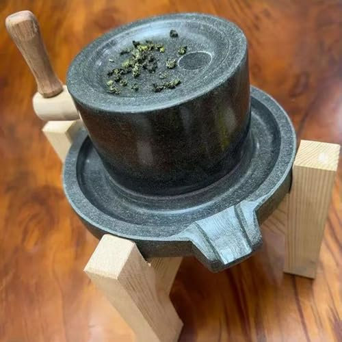 Dailify Handmade Stone Mill Small Stone Grain Mill for Grinding Tea, Hand Crank Wet Grain Mill Grinder with Wooden Stand, Manual Powder Pulverizer for Wheat Sesame Seed