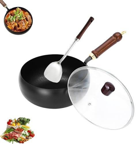 Poêle japonaise en fonte, poêle en fonte non revêtue, 24 cm, forgée à la main, antiadhésive, durable et inoxydable, pour cuisinière à gaz, poêle à sauter à fond rond avec couvercle. (24cm,D,1)