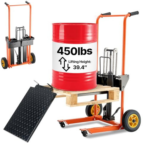 VEVOR Apilador Hidráulico con Cabrestante, Capacidad de Carga de 205 kg Transpaleta con Mesa Elevadora Altura Máxima de Elevación de 100 cm, Carrito de Mesa Plegable y Portátil, Amarillo y Negro