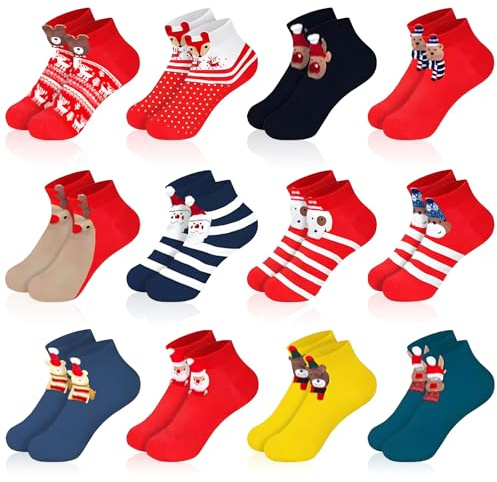 CYJJYZ 12 Paia Calze Natalizie, Divertenti Calzini di Natale Donna Uomo 36-41, Calzini Natale di Cotone, Calde Calzini Natalizi, per Calendari Dell'avvento, Compleanni, Avvento