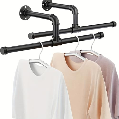 Industrial Pipe Clothes Rails Clothes Rack for Wall, Rustic Clothes Storage, Space Saving Wall Shelf, Kitchen Shelf, for Shop, Living, Black, 2 Pack