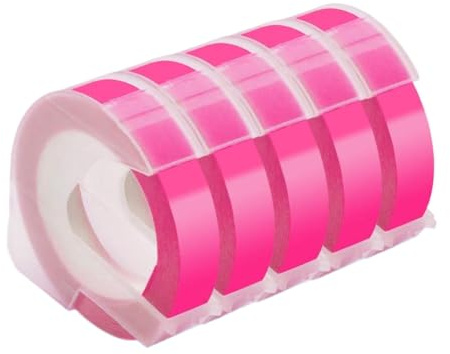 HAOCNC 5 Stück mehrfarbiges 3D-Prägeband, 9 mm, kompatibel mit Druckerzubehör E-101 E-202 12965 1540 1610 Kompatibel mit Teilenummer 3D 9 mm Etikettenband(5PK Flu.Pink)