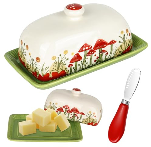YYTECH Beurrier vert avec couvercle, beurrier en céramique de 19,1 x 10,7 cm avec couvercle, beurrier avec mini couteau à beurre rouge, joli beurrier en forme de champignon couvert pour la maison, la