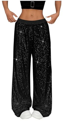 Wortod Glitzer Hose Damen Pailletten Hose Lange High Waist Einfarbig Pailettenhose Weites Bein Freizeithose Glitzerhose Disco Karneval Kostüm